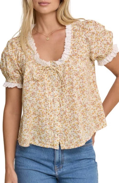 Nobody's Child Lumi Floral Eyelet Trim Button-up Top In Brown