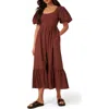 Nobody's Child Mimi Puff Sleeve Midi Dress In Brown