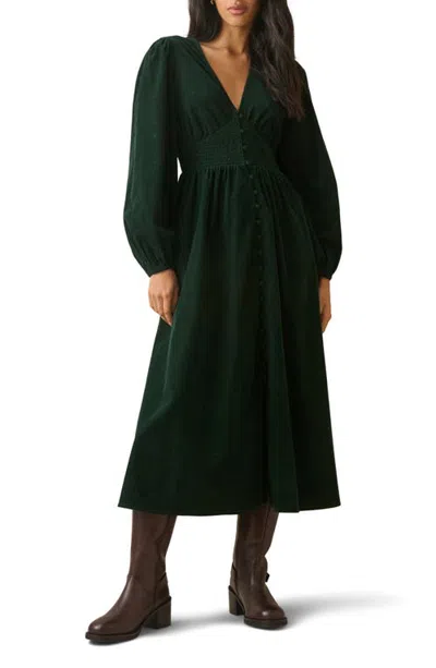 Nobody's Child Riley Shirred Waist Corduroy Midi Dress In Green