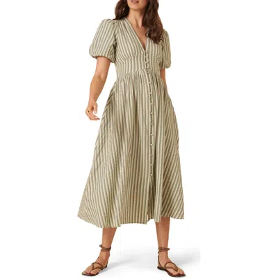 Nobody's Child Starlight Stripe Puff Sleeve Organic Cotton Midi Dress In Green