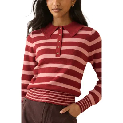 Nobody's Child Stripe Ruffle Collar Polo Sweater In Burgundy