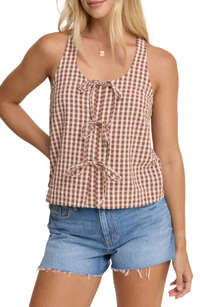 Nobody's Child Thea Gingham Tie Front Cotton Top In Brown