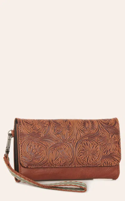 Nocona Amelia Cinnamon Floral Tooled Wristlet Wallet In Brown
