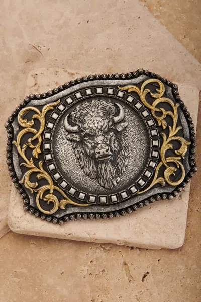 Nocona Antiqued Silver Buffalo With Gold Scrolling Rectangle Belt Buckle In Multi