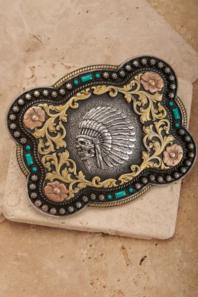 Nocona Antiqued Silver Skull Chief With Gold Scrolling And Turquoise Accents Rectangle Belt Buckle In Multi