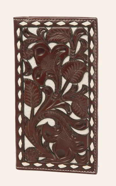 Nocona Brown & Ivory Tooled Overlay Rodeo Wallet / Checkbook Cover In White