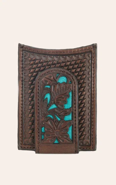 Nocona Brown Embossed With Turquoise Inlay Money Clip And Wallet In Blue