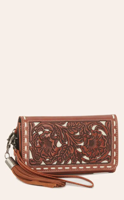 Nocona Cinnamon & Cream Underlay Floral Tooled Wristlet Wallet In Brown