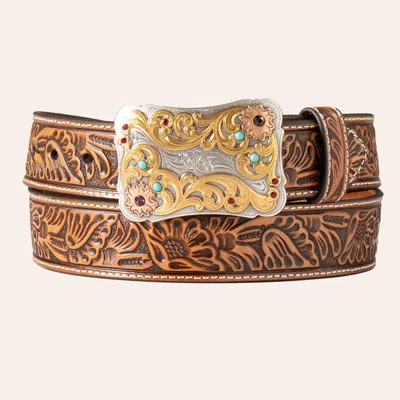 Nocona Ladies' Tan Floral Tooled Leather With Filigree Gold Buckle Belt In Brown