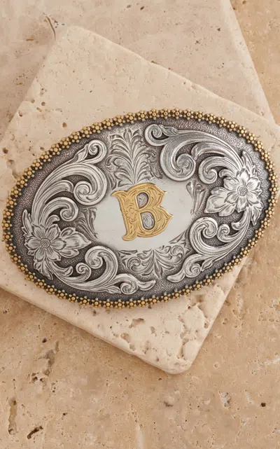 Nocona M&f Western Productions Gold "b" On Silver Etched Floral Large Oval Belt Buckle