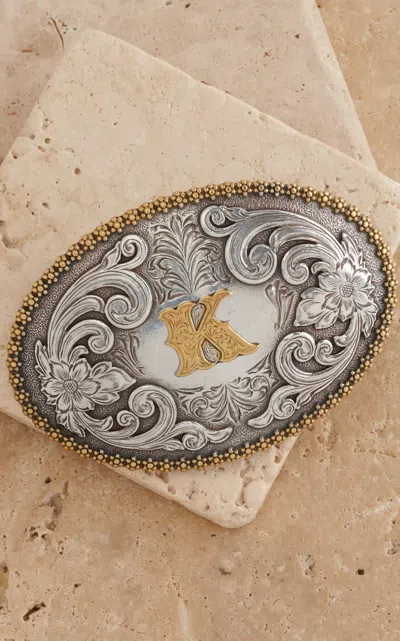 Nocona M&f Western Productions Gold "k" Silver Etched Floral Large Oval Belt Buckle