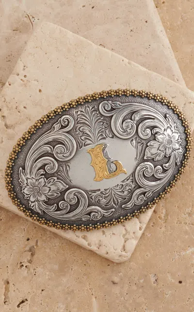 Nocona M&f Western Productions Gold "l" Silver Etched Floral Large Oval Belt Buckle