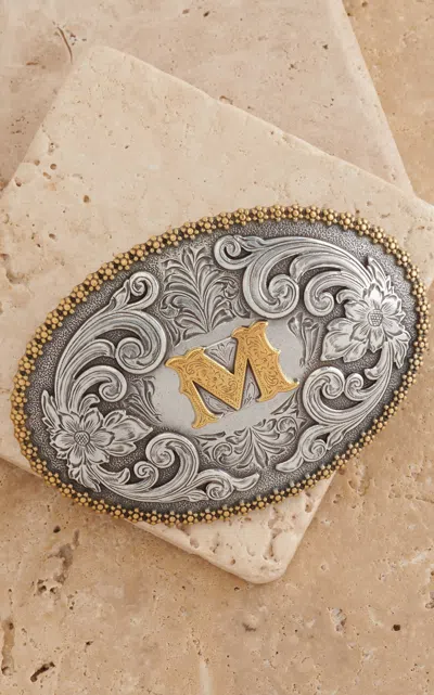 Nocona M&f Western Productions Gold "m" Silver Floral Etching Large Oval Belt Buckle In Metallic
