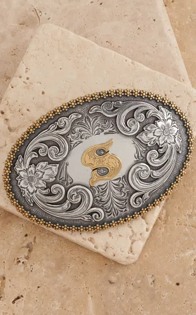Nocona M&f Western Productions Silver Floral Etching With Gold "s" Large Oval Belt Buckle