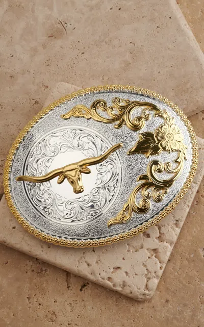 Nocona M&f Western Products Large Oval Boxed Gold Longhorn Silver Belt Buckle