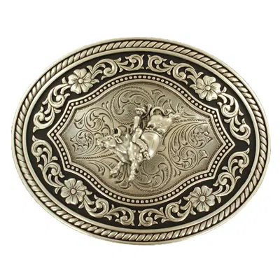 Nocona M & F Western Silver And Black Bull Rider Oval Belt Buckle