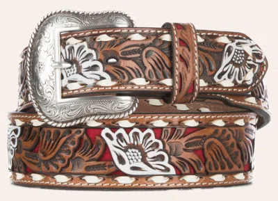 Nocona Men's Brown Genuine Leather Floral With Red Painted Inlay Western Belt