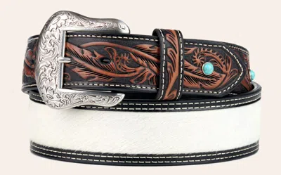 Nocona Men's Cream Hair On Hide & Feather Tooled Western Belt In Brown