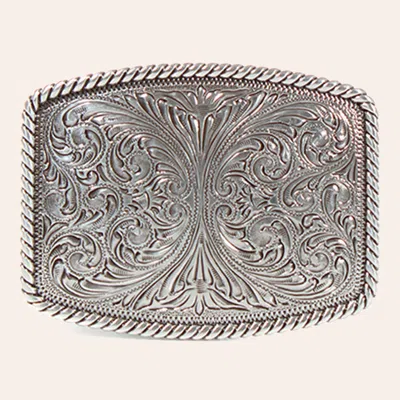 Nocona Men's Silver Rectangle Scrolls Rope-lined Edge Belt Buckle