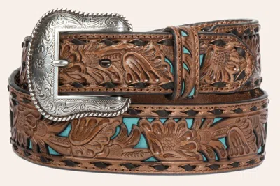 Nocona Men's Tan And Turquoise Inlay Floral Western Belt In Black