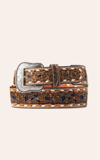 Nocona Men's Tan Genuine Leather Floral With Blue Inlay & White Lace Western Belt In Brown