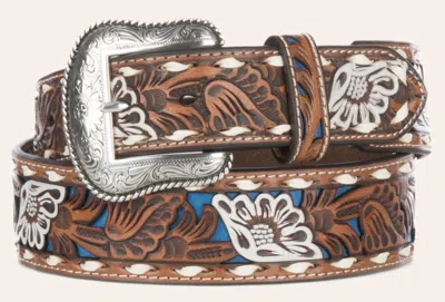 Nocona Men's Tan Genuine Leather Floral With Blue Painted Inlay Western Belt In Brown