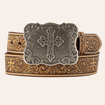 Nocona Men's Tan Tooled Leather Belt With Silver Cross Buckle In Brown