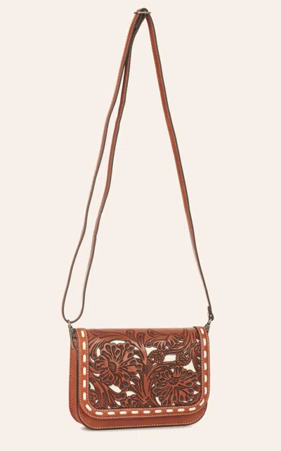 Nocona Ophelia Cinnamon Tooled & Cream Underlay Crossbody Bag In Brown