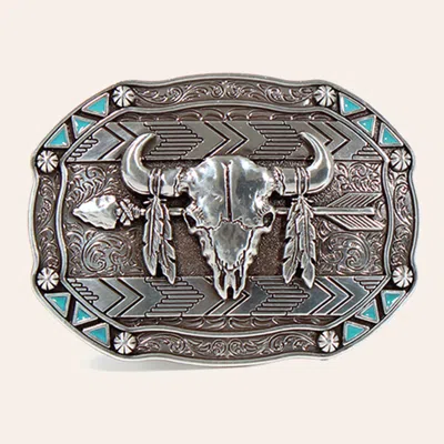 Nocona Silver & Turquoise Arrow Skull Feather Belt Buckle In Multi