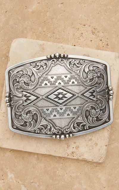 Nocona Silver Rectangle Aztec And Scrolling Belt Buckle