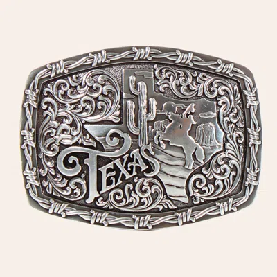Nocona Silver Rectangle Texas With Cactus And Horse Barbed Wire Belt Buckle