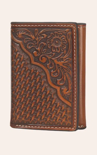Nocona Tan Floral And Basket Weave Tooled Tri-fold Wallet In Brown