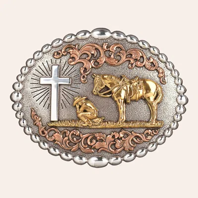 Nocona Two Tone Oval Praying Cowboy Belt Buckle In Gold