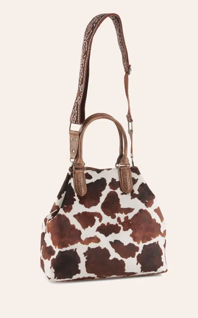 Nocona Women's Soft Leather Cream & Cinnamon Cow Print Conceal Carry Satchel Bag In Brown
