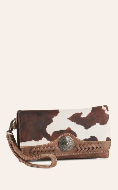 Nocona Women's Tan & Soft Cow Print Leather With Braid And Concho Accent Wristlet Wallet In Brown