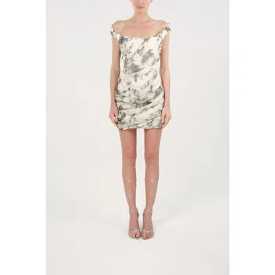 Nocturne Abstract Print Off Shoulder Ruched Mini Dress In White
