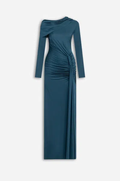 Nocturne Asymmetric Neck Draped Maxi Dress In Blue