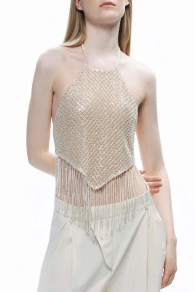 Nocturne Beaded Tassel Detailed Crop Top In Gold