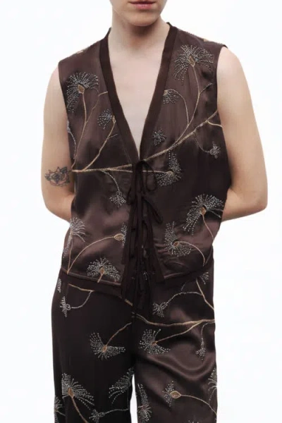 Nocturne Beaded Tie-front Vest In Brown