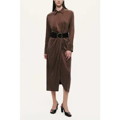 Nocturne Belted Draped Shirt-collar Maxi Dress In Brown
