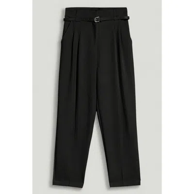 Nocturne Belted Pleat Front Tapered Trousers In Black