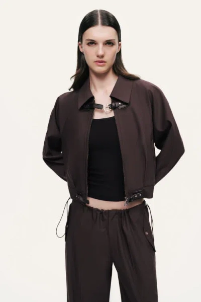 Nocturne Buckle Detail Cropped Zip Jacket In Brown
