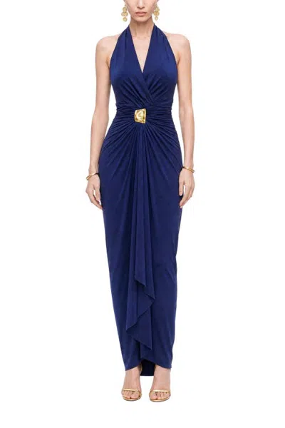 Nocturne Buckle Detail Halter Neck Maxi Dress In Blue