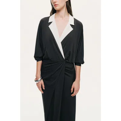 Nocturne Contrast Lapel Draped Maxi Dress In Black