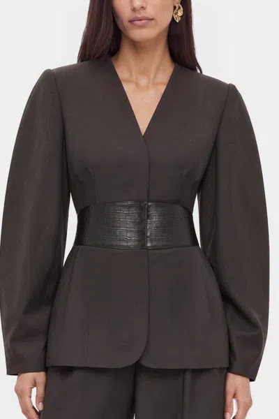 Nocturne Croc Effect Belted Collarless Jacket In Brown