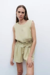 Nocturne Women's Green Crop Top With Printed Detail - Olive In Olive Green