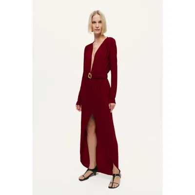 Nocturne Deep Plunge Belted Jersey Maxi Dress In Burgundy