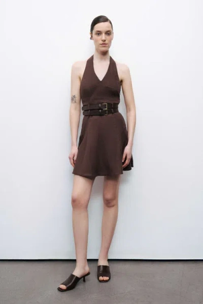 Nocturne Double Belt Detailed Mini Dress In Dark Brown