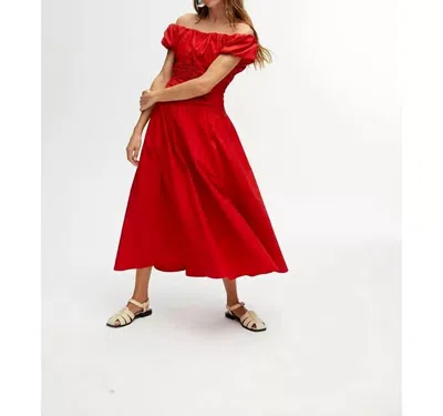 Nocturne Drape Off The Shoulder Midi Dress In Red