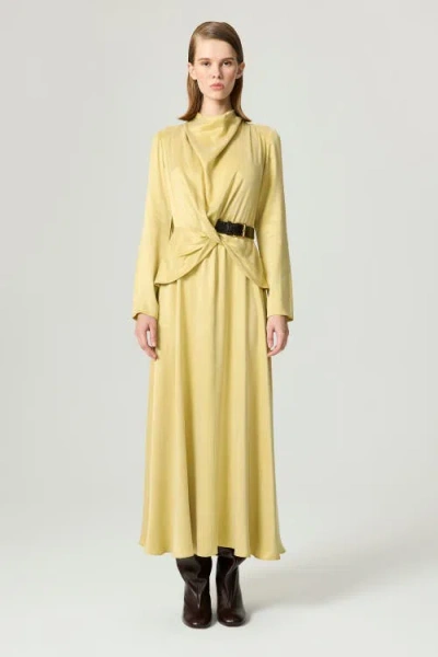 Nocturne Draped Belted Long-sleeve Maxi Dress In Yellow